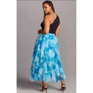 Anthropologie Midi Skirt Blue Cheri Ruffle Tulle Elastic Waist Preppy Sz S NWT